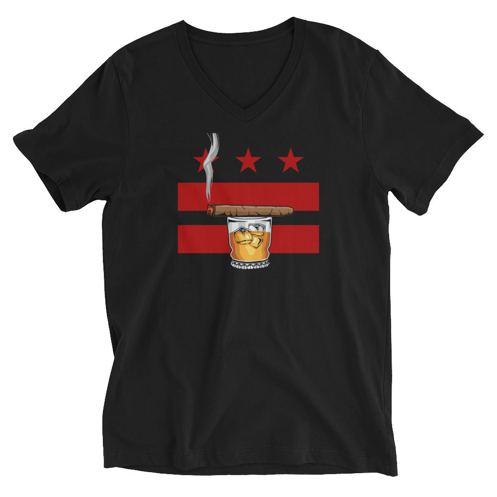 CIGAR AND WHISKEY DC FLAG- BC Unisex Short Sleeve V-Neck T-Shirt